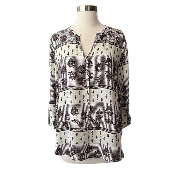 Collective Concepts Women's Long Sleeve Blouse S Damask Print Ivory Easy Care - Picture 2 of 8